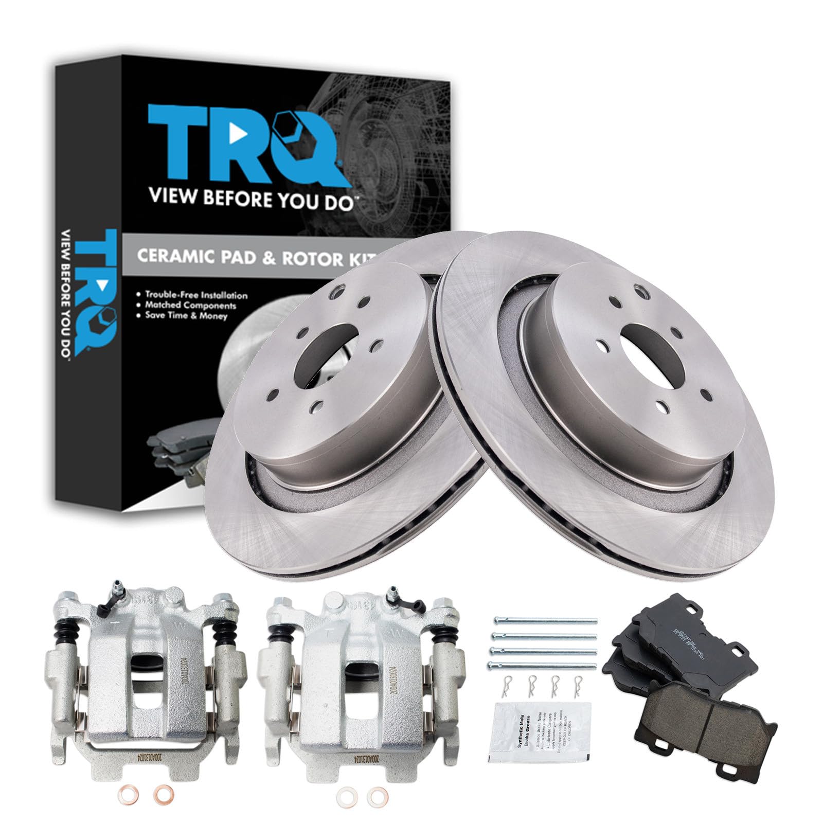 TRQ Rear Brake Pad and Rotor Set Ceramic Rotors Calipers Compatible with 2014-2019 Infiniti Q50 2017-2018 Q60
