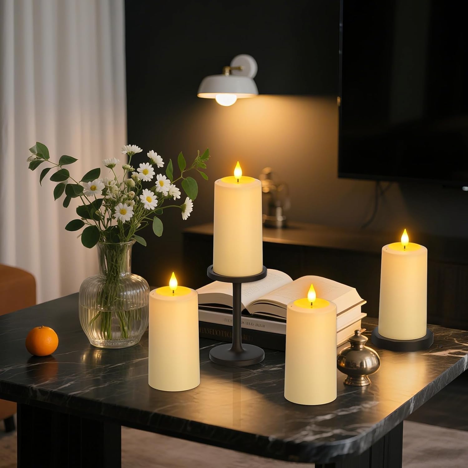 SoulBay Flameless Candles That Blow Out, 4 Pack USB Rechargeable Magic LED Pillar Candles with Remote Timer for Indoor Table Home Lantern Party Halloween Christmas Birthday Decoration