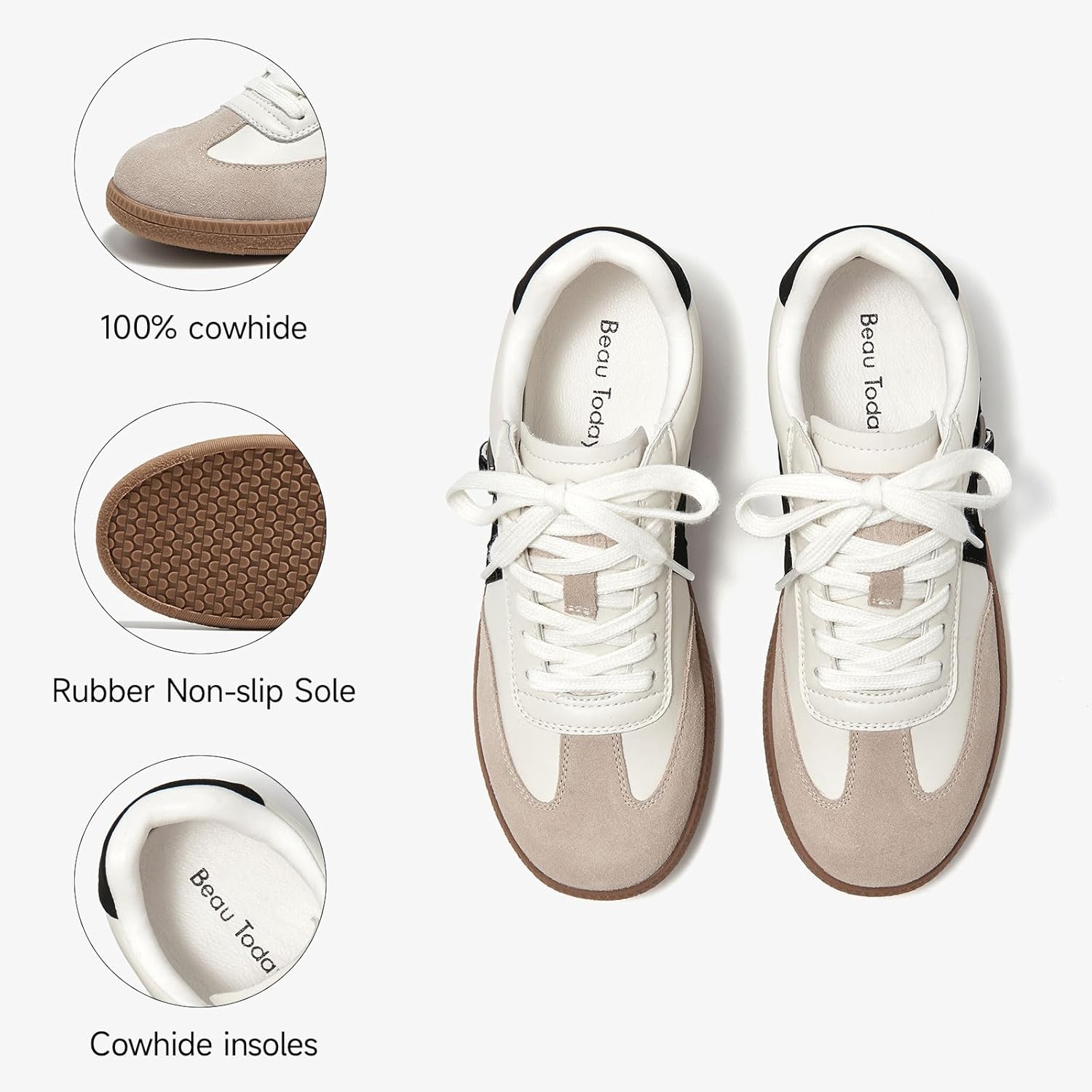 BEAU TODAY Women’s Flat Sneakers, Retro Comfortable Lace-up Fashion Sneakers for Women, Buckle Decoration Casual Leather Walking Shoes - Image 4