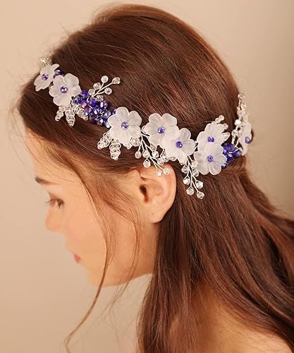 Miniatura 3 de Xerling Diadema de vid de cristal azul para novias con flores para niñas, accesorio para el cabello de boda, pieza de pelo floral para novia (azul)