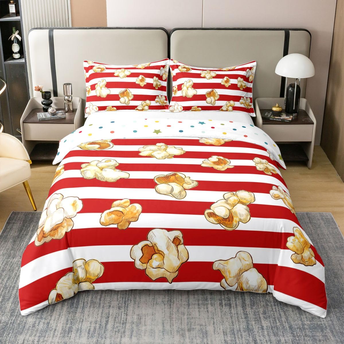 Homemissing Tema del film cotone Set Copripiumino 135x200cm Popcorn Stampa Copripiumone Morbido per ragazzi strisce Copripiumini Geometric Room Decor Con 1 Cuscino