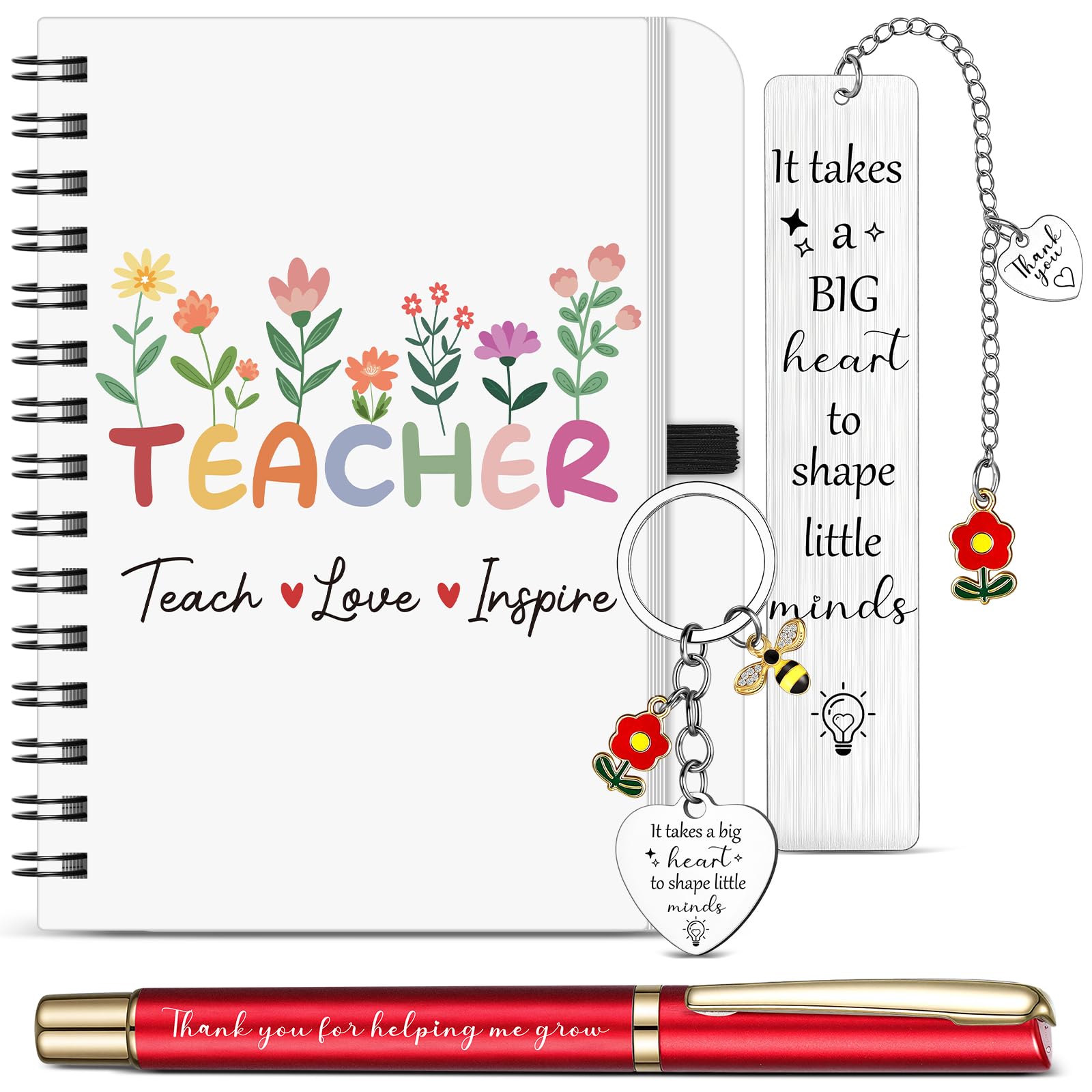Sinmoe 4 Pcs Teacher Appreciation Gift, Thank You Gift for Teacher Includes Notebook Heart Shaped Keychain Stainless Steel Bookmark Ballpoint Pen, End of Term Graduation (Red)