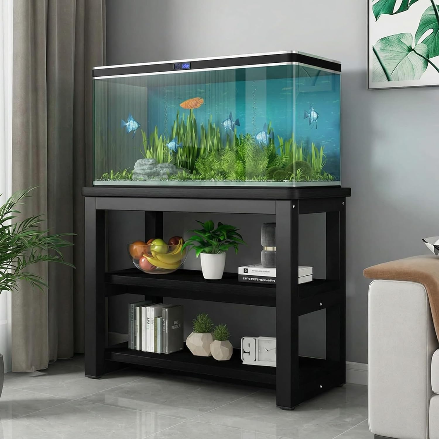 Aquarium Stand Reptile Tank Stand Two-tier Design Reinforced Steel Frame Waterproof Scratch-resistant Heat-resistant Aquarium Plant Holder Easy To Install(Black+Black,60x35x70cm)