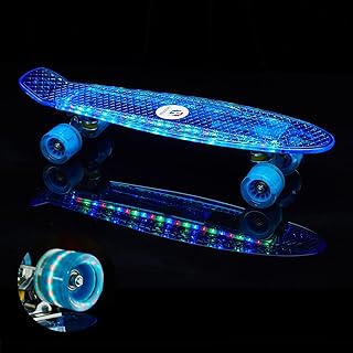 22 Inch Skateboard- with Led Light Up Wheels for Beginners,Complete Mini Cruiser Retro Skateboard for Kid,Smooth Riding,Durable Polypropylene with Pu Wheels