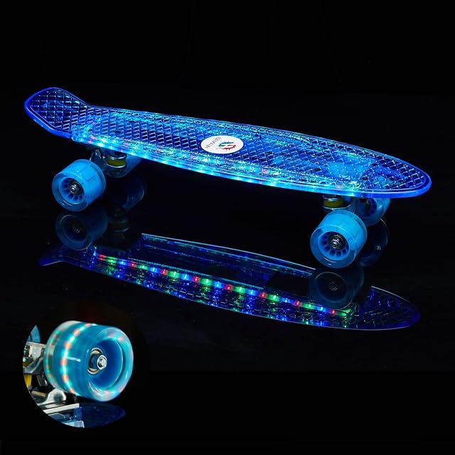 22 Inch Skateboard- with Led Light Up Wheels for Beginners Complete Mini Cruiser Retro Skateboard for Kid Smooth