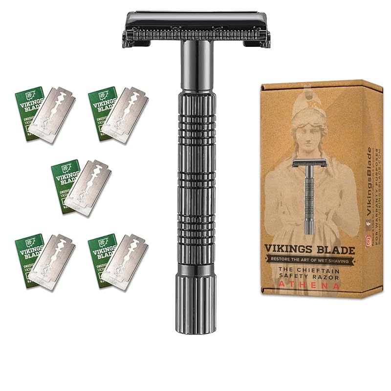 Vikings Blade Athena Aparelho de Barbear de Segurança com Cabeça de Liberação Rápida e Lâmina de Duplo Fio, com 5 Lâminas de Aço Sueco