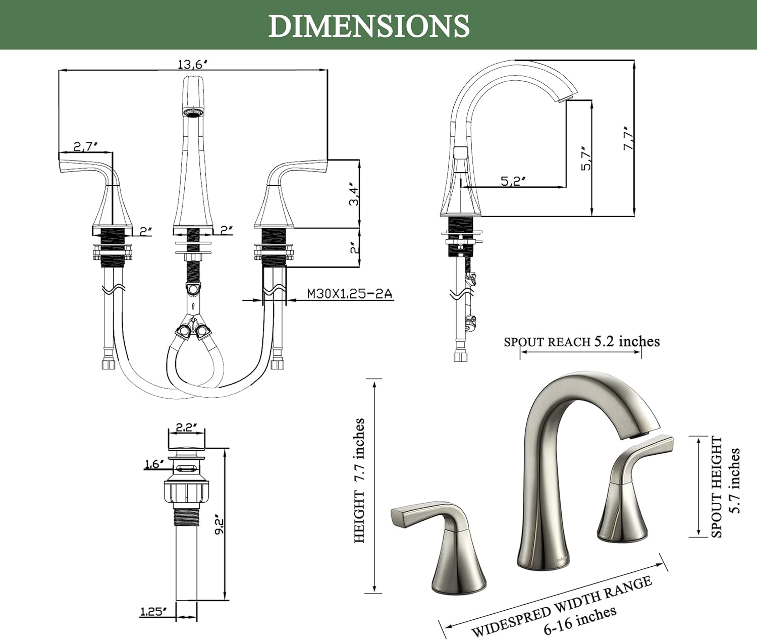 TimeArrow Bathroom Faucet with Pop-up Drain and Supply Lines, Brushed Nickel Widespread Bathroom Sink Faucet for Lavatory Vanity RV Farmhouse, TAF826-BN