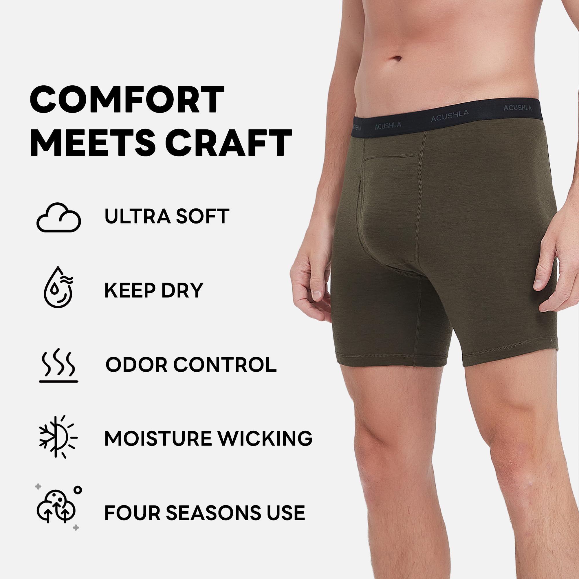 ACUSHLA Ropa interior de lana merino para hombre, transpirable, suave, control de olores, capa base, calzoncillos