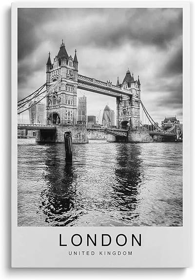London Tower Bridge Canvas Wall Art Print Black and White Monochrome Travel Poster Riverside Skyline Home Office Living Room Hallway Decor Minimalist Photography Print (Unframed, 20x30inch|50x75cm)