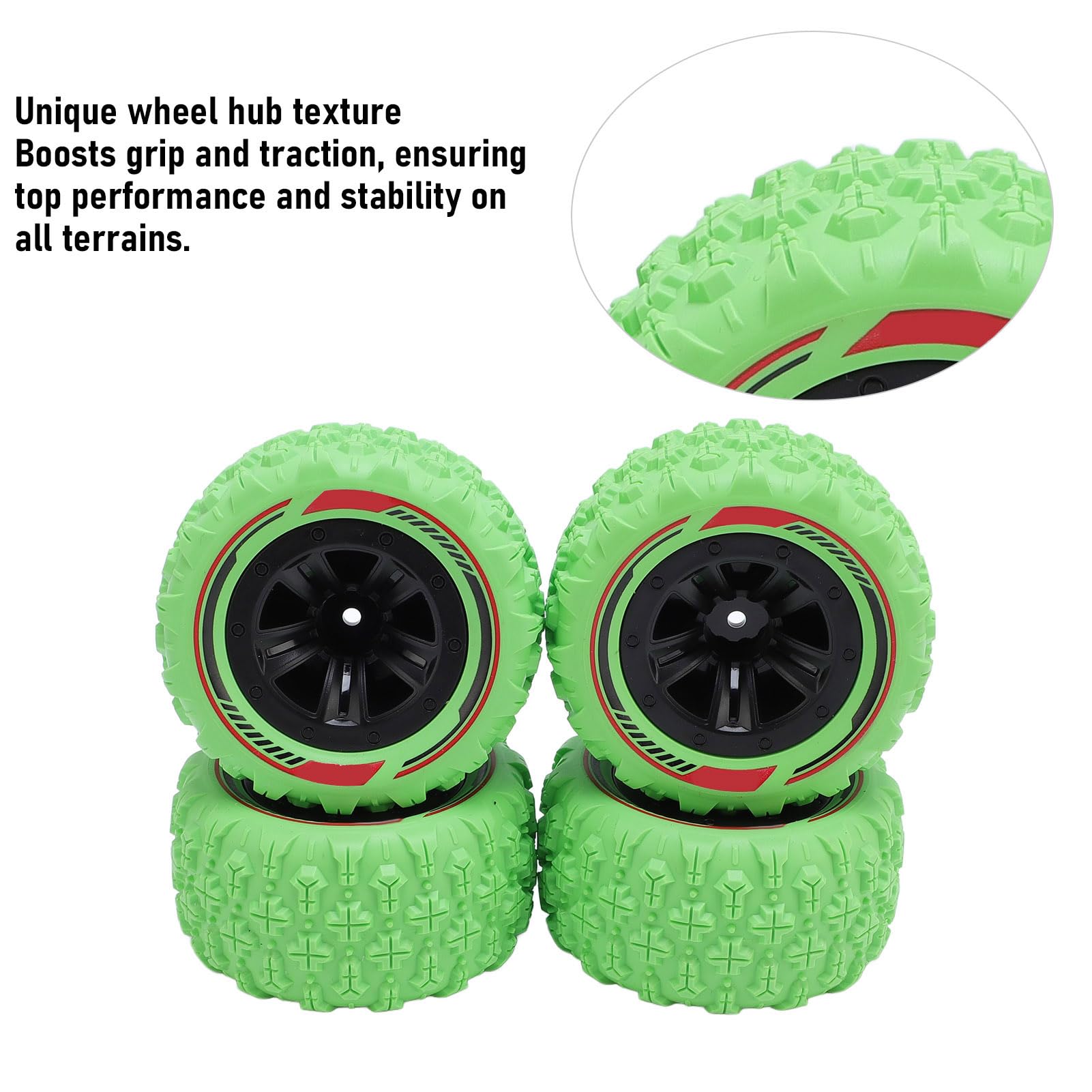 CHEOTIME 4PCS RC Wheel Tires,Original Hex Hub Wheel Rims & Rubber Tires, RC Rally Car Tyres Claw Mud Terrain Tires Accessories for 1/14 1/16 RC Car Crawler Buggy Truck (Green)