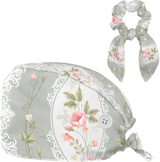 FVQL Surgical Cap for Long Hair Scrub Cap with Hairband Bouffant Caps, Flower and Leaf Floral Pattern