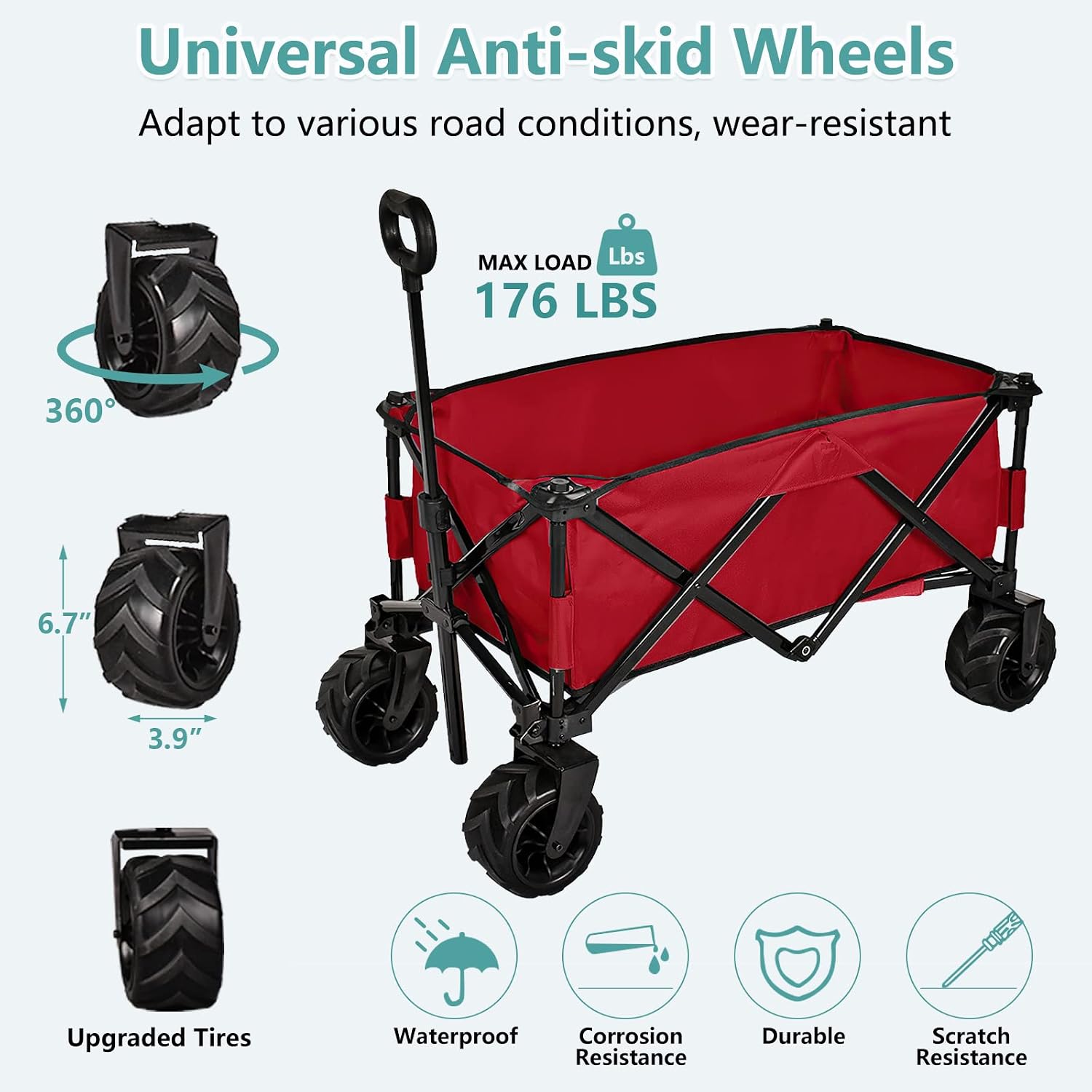 JOVNO Multipurpose Large Capacity Beach Wagon Cart Heavy Duty Folding Wagon with Big Wheels & Adjustable Handle, Collapsible Utility Wagon Beach Cart for Garden, Outdoor, Camping and Picnic (Red)