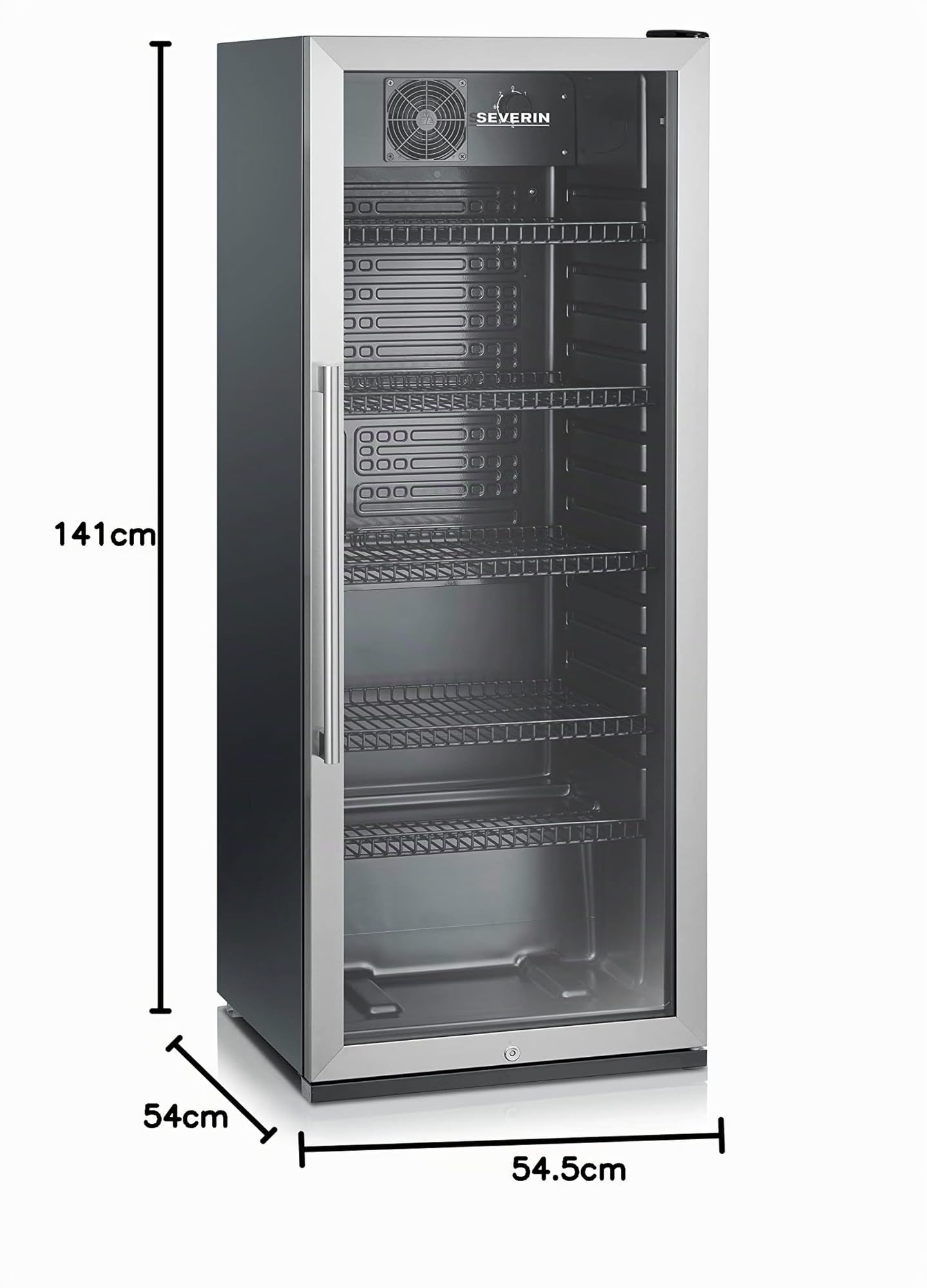 SEVERIN Frigorifero per Bottiglie, 237 Litri, 272 Lattine, Porta in Vetro, Serratura Integrata, Temp. 0-10°C, Luce LED, Classe C, Uso Commerciale, 54,5 x 54,0 x 141,0 cm, Nero - FKS 8841