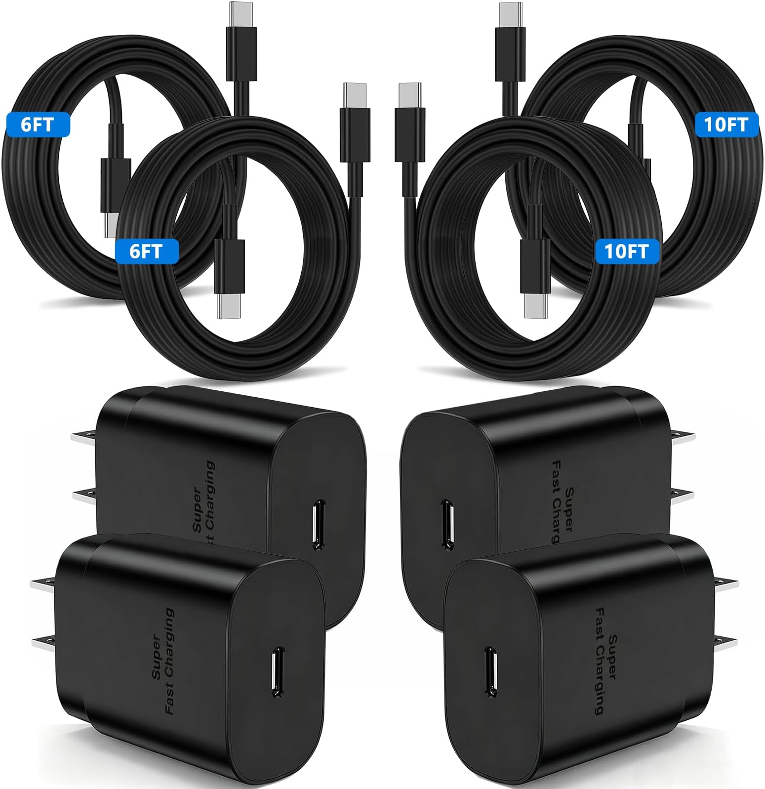 - 4Pack 25W Super Fast Charger Type C 2x6ft and 2x10ft,USB C Wall Charging and Long Android Phone Charger Cable Cord for Samsung Galaxy S26 Ultra/S25 Plus/S24+/S24 Ultra/S23/S22 Plus/S21/Note 20/Note10+