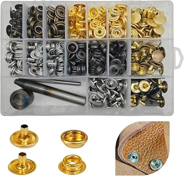 SUNOR Leather Snaps and Fasteners Kit, 120 Set Brass 304 Stainless Steel Heavy Duty Snap Buttons, Metal Snap for Thick Leather Fabric, Clothing Canvas Tarpaulin Tents Awnings
