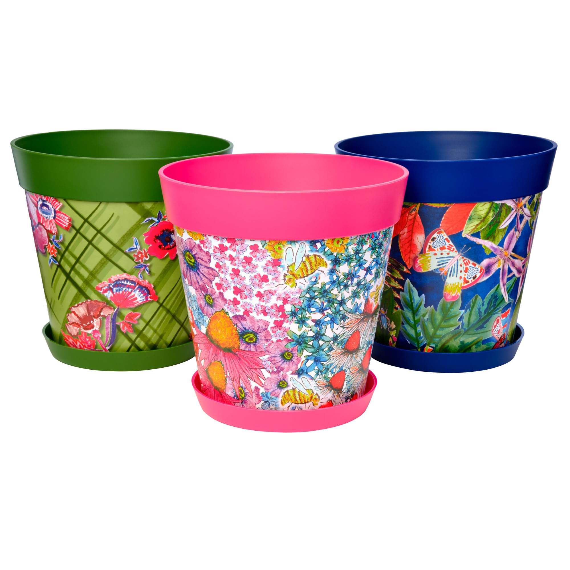 Hum Flowerpots Multi Floral Set Of 3 Plastic, Indoor/Outdoor Plant Pots 25Cm Diameter And 3 Saucers 19Cm Diameter (Multi Floral)