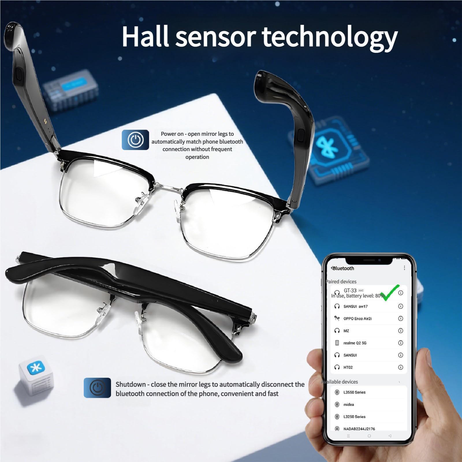 Okulary przeciwsłoneczne Bluetooth z inteligentnym systemem AI i blokadą niebieskiego światła dla mężczyzn i kobiet, automatyczne włączanie i wyłączanie,Silver-Black