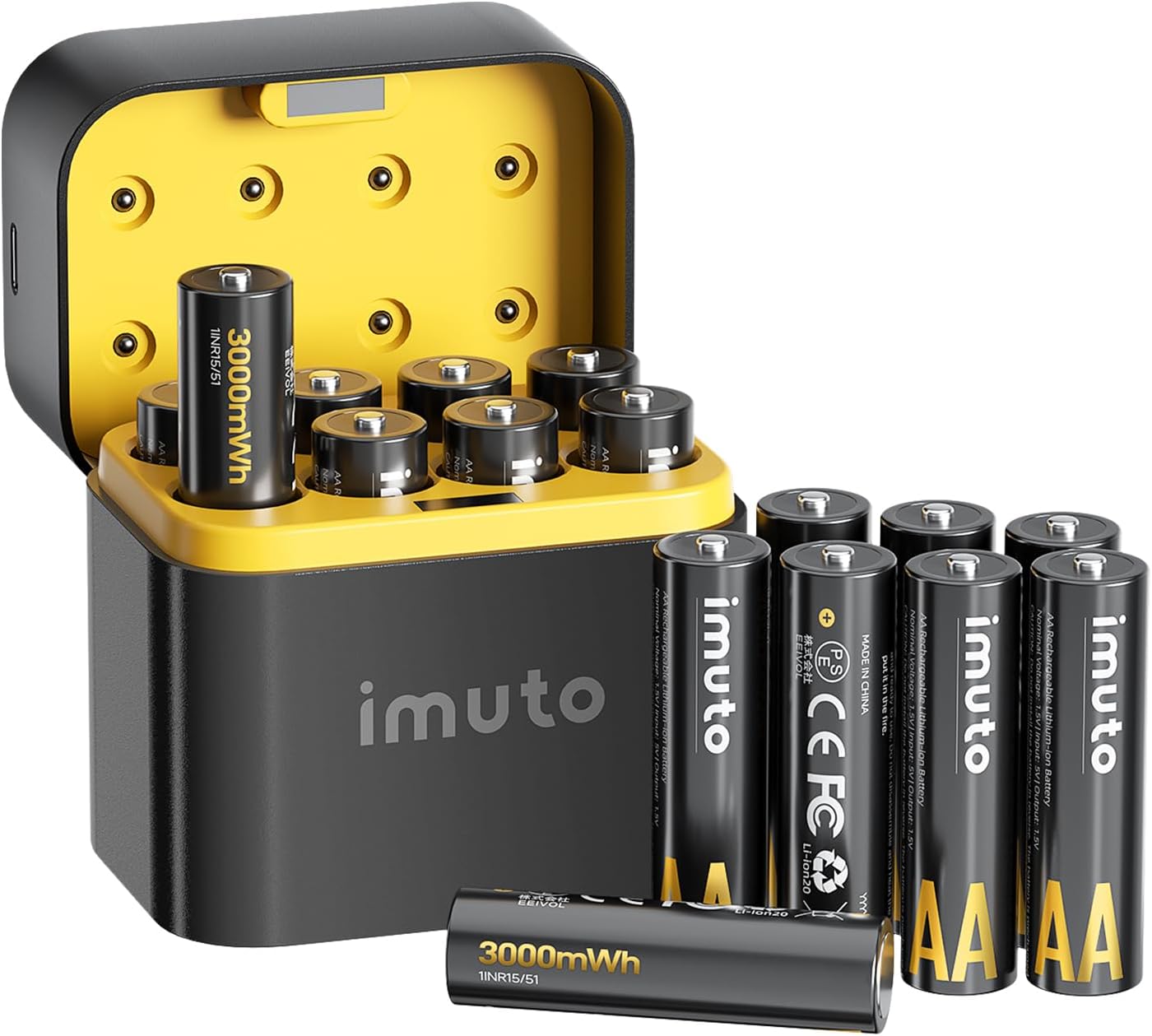 imuto Rechargeable aa Batteries with Charger, 3000mWh aa Lithium Batteries 16 Pack, 8 Slot Storage Box Style Lithium Battery Charger, 1.5V 2A Output, 1600+ Cycle Life, 2.5H Fast Charging