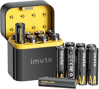 imuto Rechargeable aa Batteries with Charger, 3000mWh aa Lithium Batteries 16 Pack, 8 Slot Storage Box Style Lithium Battery Charger, 1.5V 2A Output, 1600+ Cycle Life, 2.5H Fast Charging