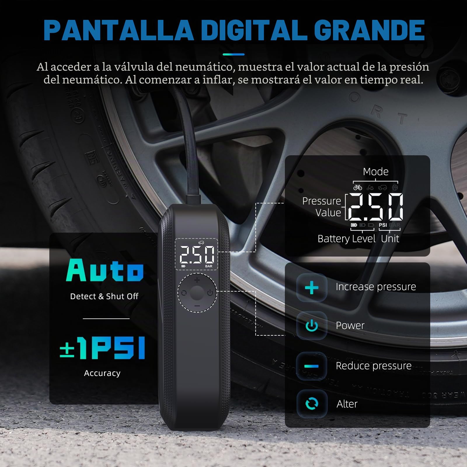 CYCPLUS Compresor de Aire Portátil Eléctrico para Bicicletas y Vehículos, 150 PSI, Recargable con Pantalla LED y Apagado Automático. Ideal para Neumáticos de Bicicleta, Coche, Motocicleta y Balones
