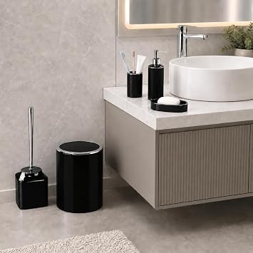5li Banyo Seti, Beş Parça Düzenleyici, 5 Litre Çöp Kovası, Tuvalet Fırçası, Sıvı ve Katı Sabunluk, Diş Fırça ve Macunu Kutusu (Siyah)