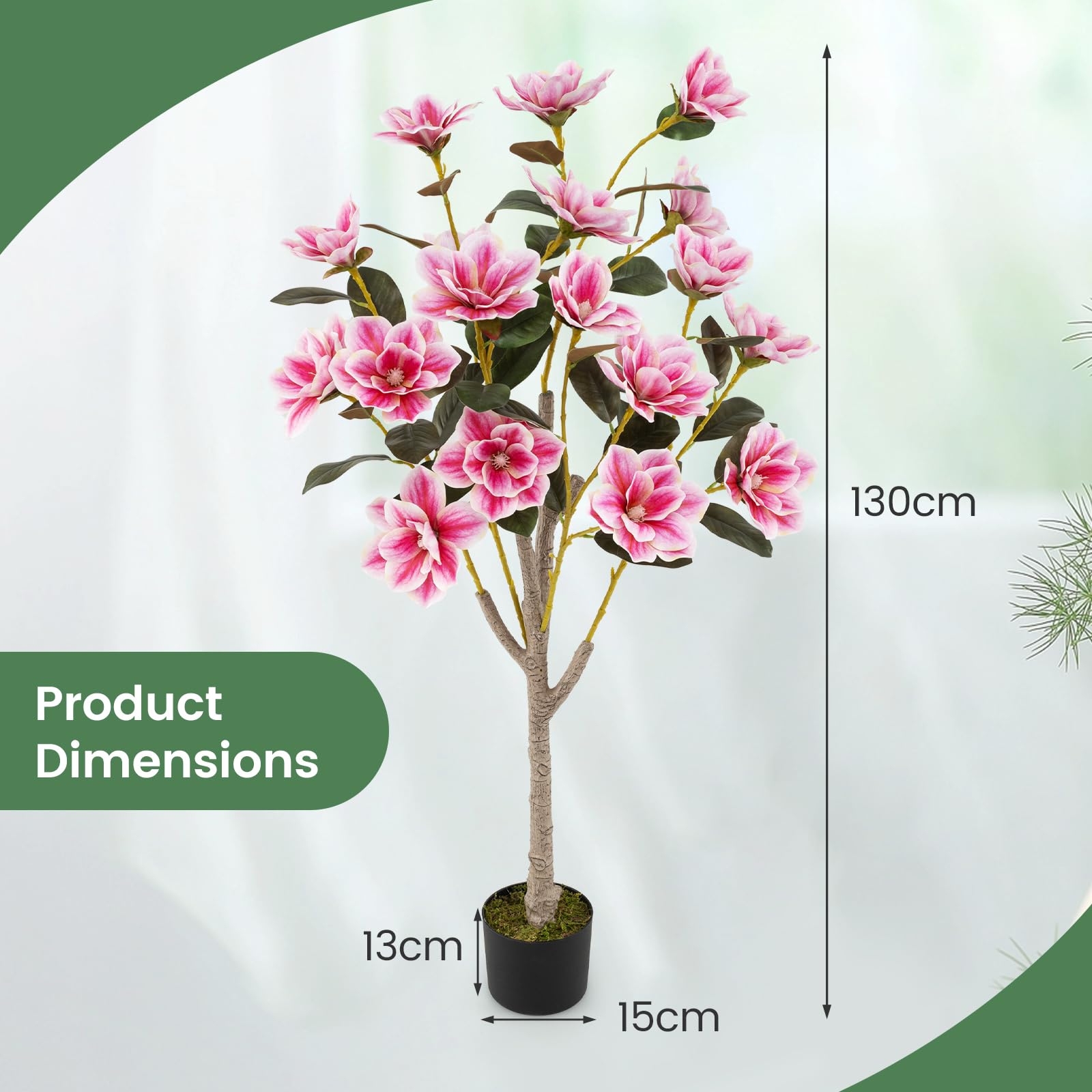 GIANTEX Árbol de Magnolia Artificial 130 cm, Planta Falsa en Maceta con Troncos de Múltiples Ramas y Hojas de PEVA, Flores Sintéticos Rosas, Planta Decorativa para Entrada, Salón, Oficina