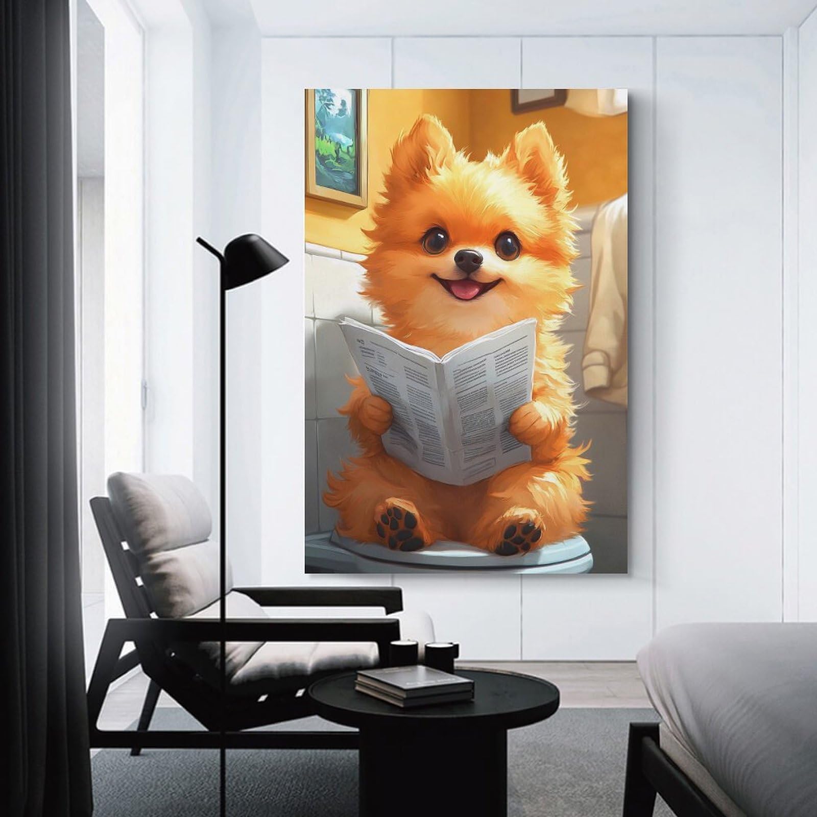 Junmoney Unframe-Style-9-1 Canvas Wall Decor Cute Pomeranian Dog Reading Newspaper Toilet Funny, 20X30inch(50X75cm), For Flats, Guest Rooms Or Compact Rooms, Wall Decor With Flexible Room Appeal