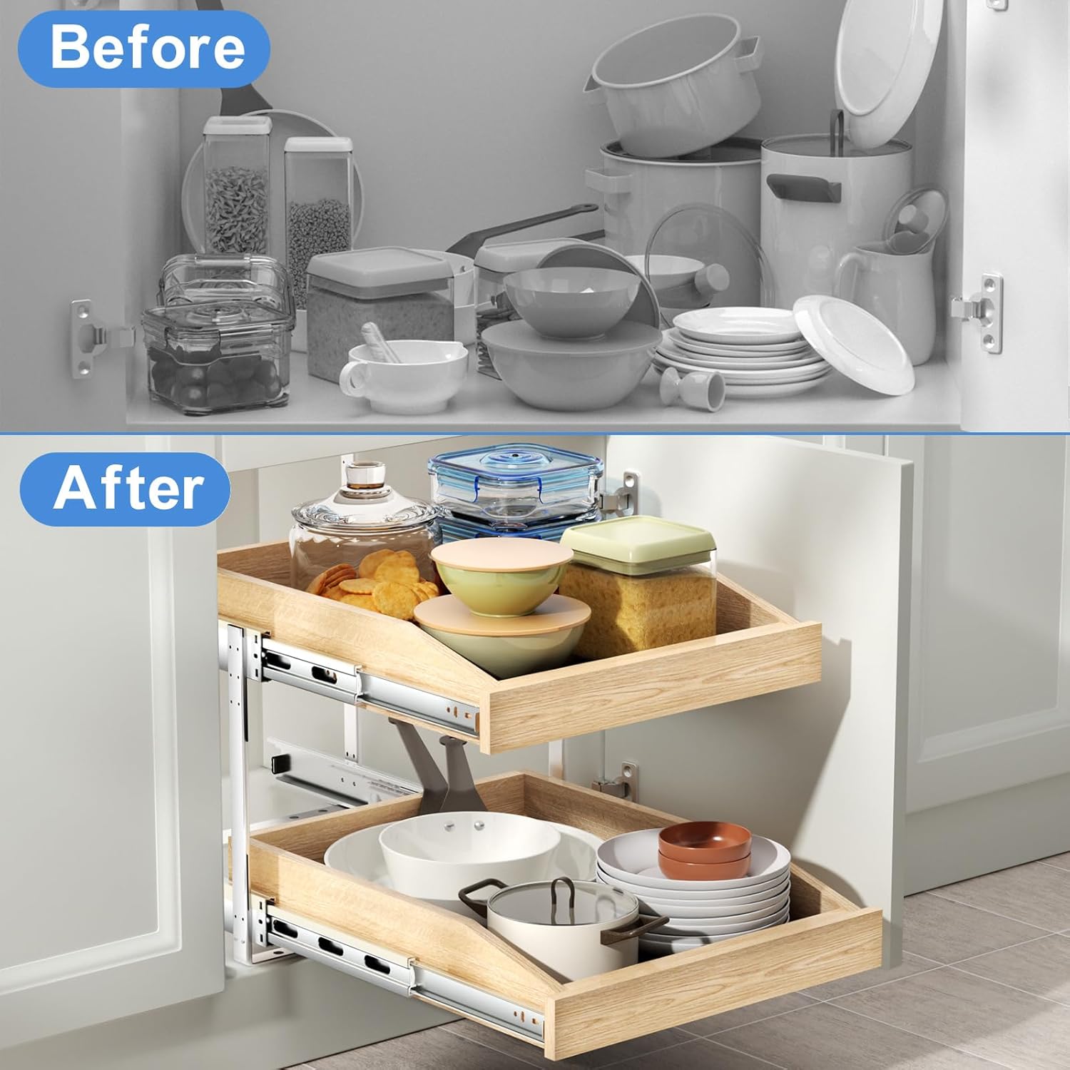 ROOMTEC 2 Tier Pull Out Cabinet Organizer, Double Tier Slide Out Wood Cabinet Organizer with U Bracket, Pull Out Drawers for Base Cabinet Organization in Kitchen, Pantry(16½"W x 21" D)