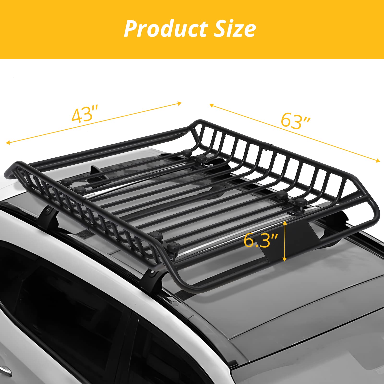 Towallmark 300 lbs Capacity Anti-Rust Rooftop Cargo Basket - 63” x 43” x 6.3” Roof Rack for SUV, Car, and Truck - Lightweight Design (11.68 lbs) for Easy Installation and Durable Performance