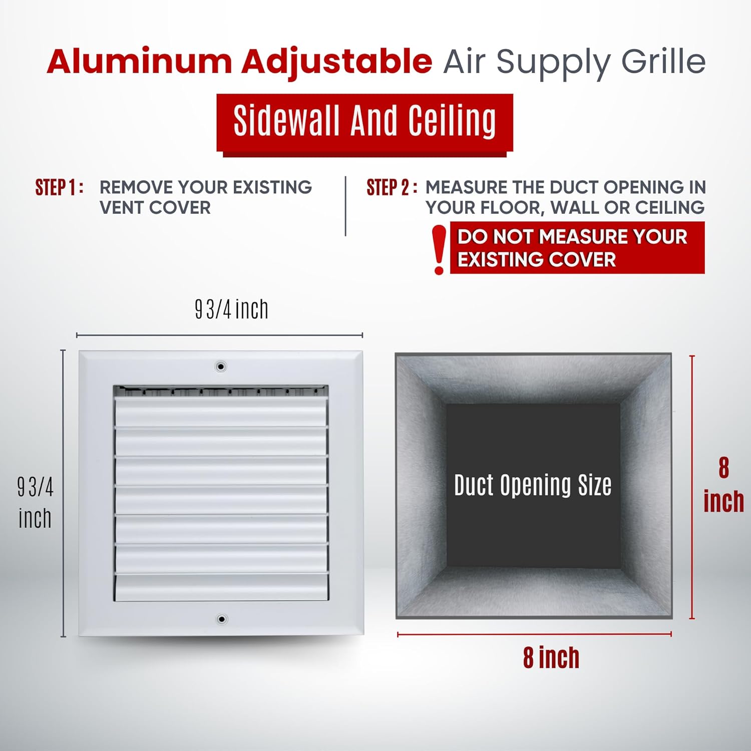 Fits 8x8 Duct Opening Aluminum 1-Way Adjustable Air Supply Grille by Handua | Curved Blade Register Vent Cover for Sidewall & Ceiling | White | Outer Size: 9.75" X 9.75"