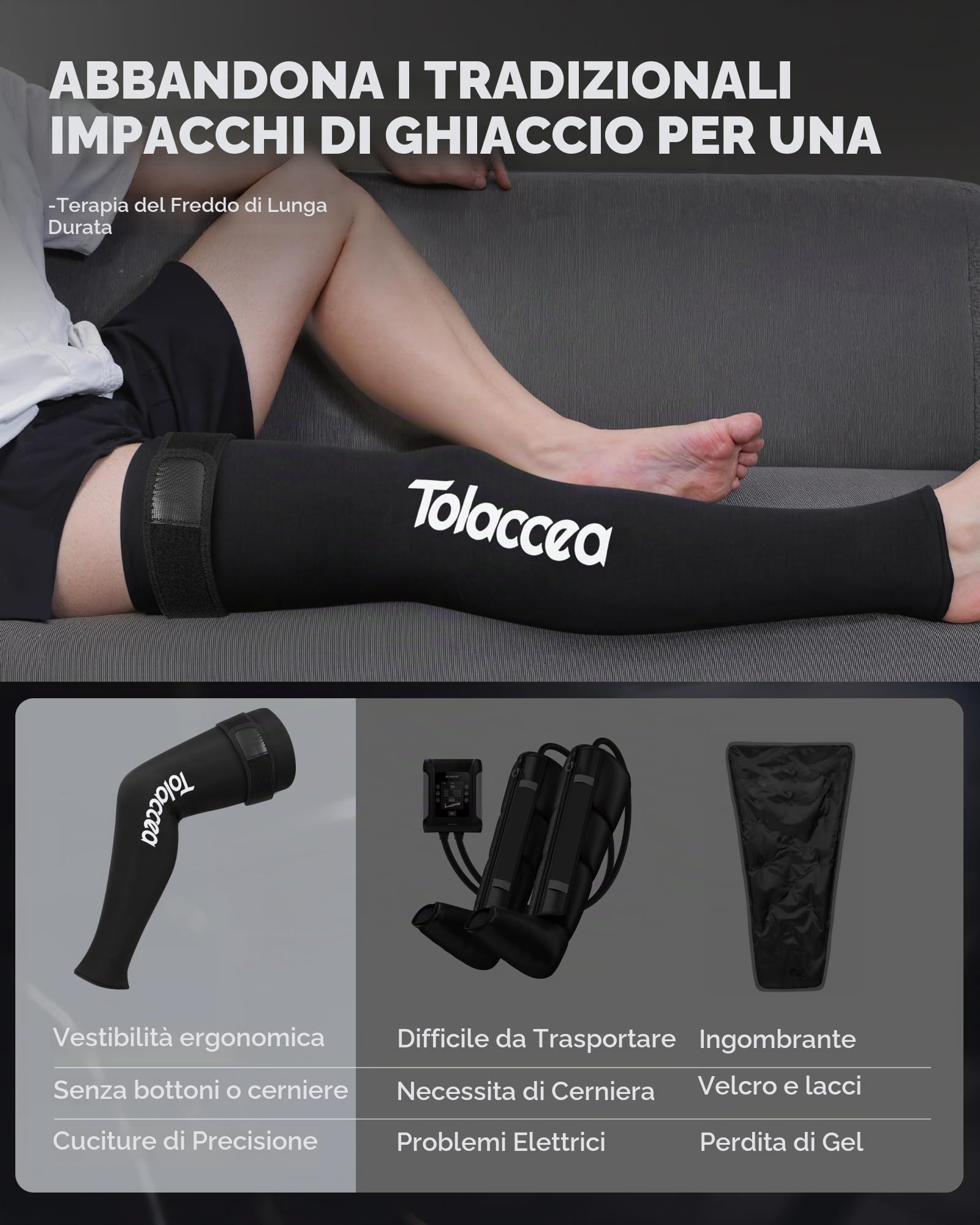 Tolaccea Impacco Ghiaccio per Gamba Intera con Copertura 360° – Fascia con Gel Riutilizzabile per Sollievo dal Dolore e Recupero Muscolare – per Piede, Polpaccio, Coscia, Ginocchio e Tibia(L)