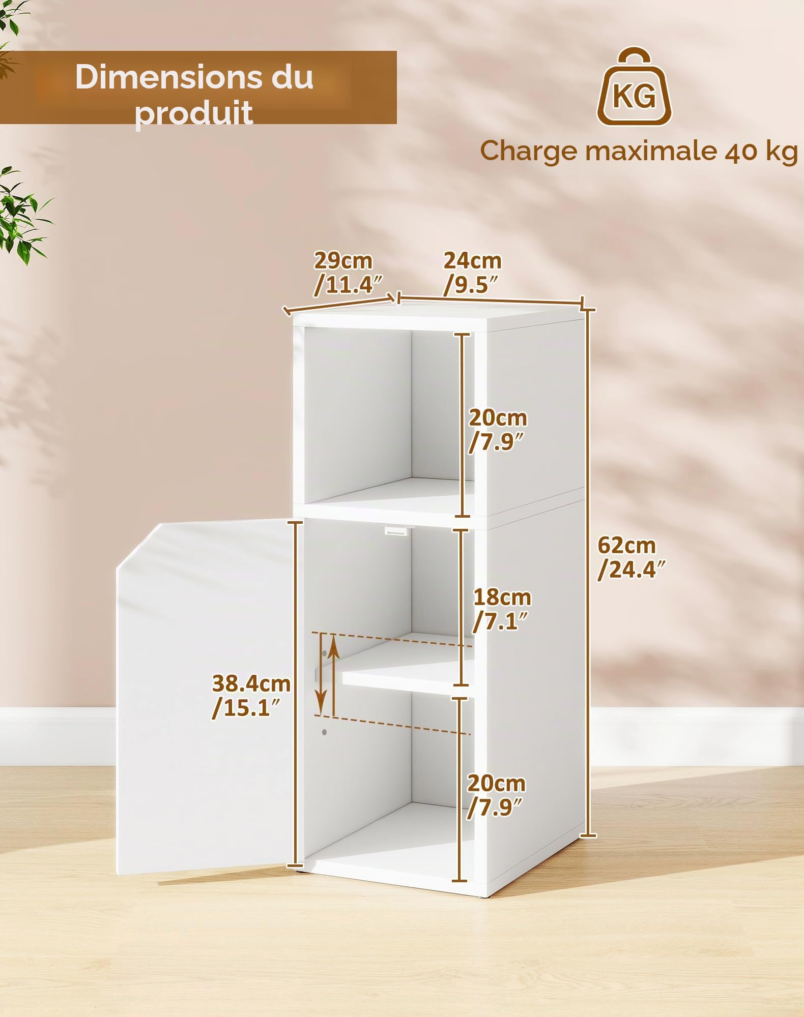 YMYNY Lot de Tables de Chevet Étroite, Table d'appoint, Compartiment Ouvert, Porte à Angle Biseauté, Plateau Réglable, L24 x P29 x H62 cm, en Bois, pour Chambre, Salon, Blanc HST016W-2