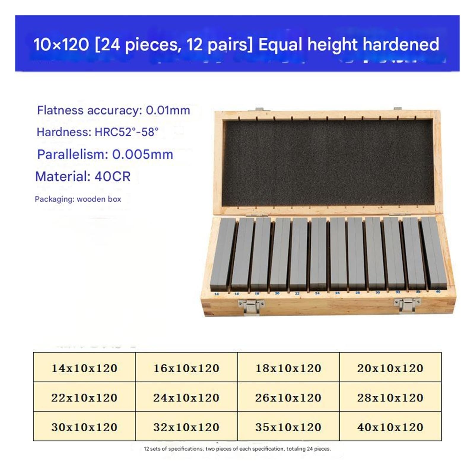 10 * 120 * 14-40mm 24 Uds 12 pares de almohadillas paralelas bloque calibre CNC juego fresado acero aleación para metrología profesional