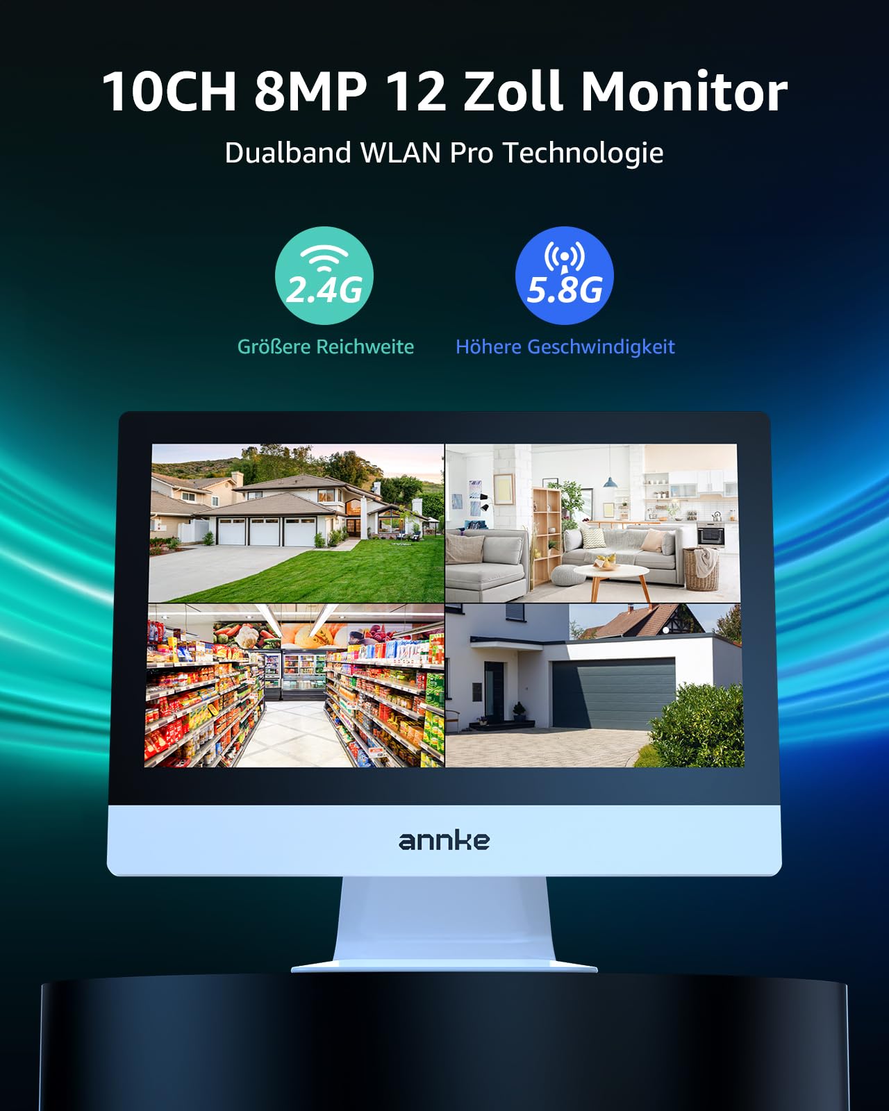 ANNKE 3MP Überwachungskamera Set Aussen WLAN mit 12''Monitor, 10CH 4K Wireless NVR mit 4 Pcs 3MP WiFi Kameras, 2-Wege-Audio, Personenerkennung, 24/7 Aufnahme, 30M Nachtsicht für Aussen, Innen, 1TB HDD