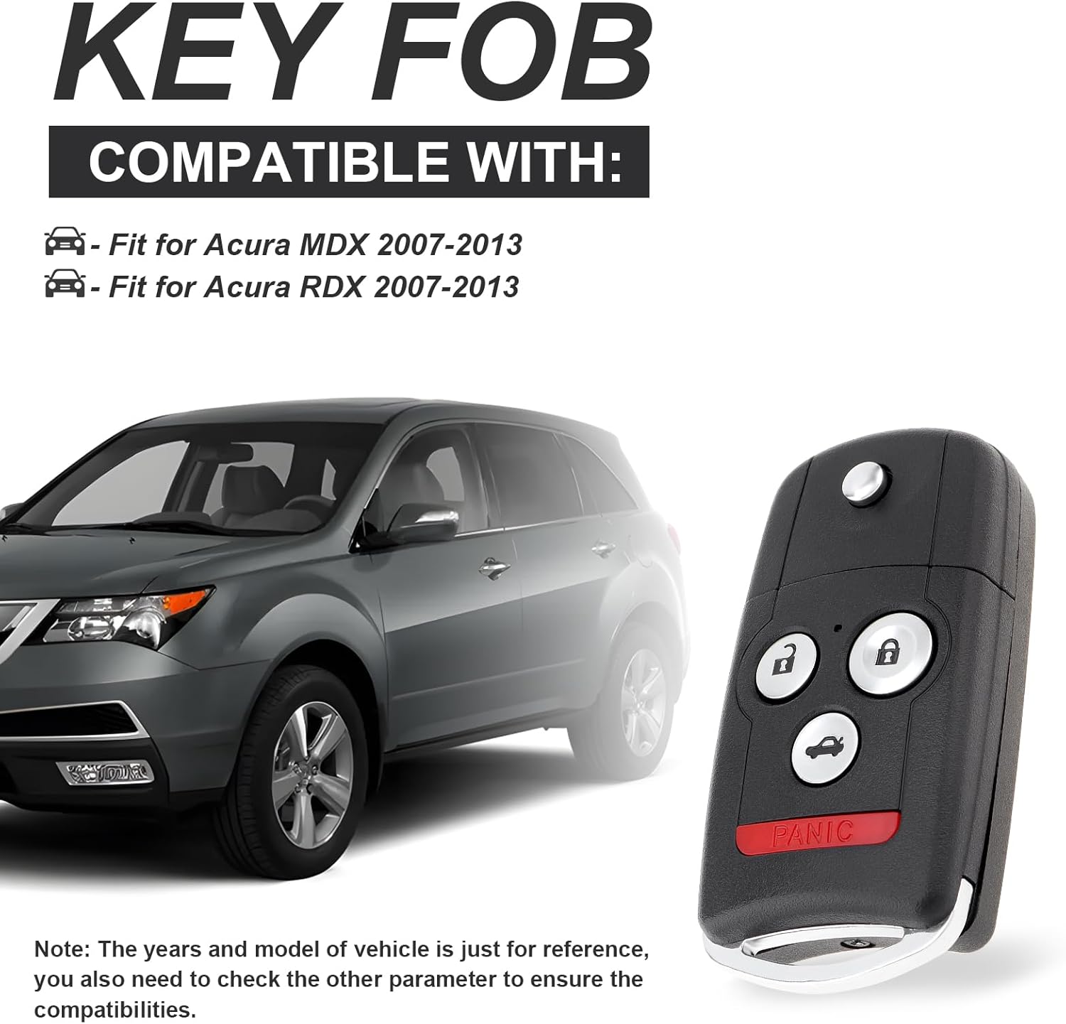 Key Fob Keyless Entry Replacement for Acura MDX RDX 2007-2013 with ID46 Chip, FCC ID:N5F0602A1A, P/N:35111-STX-316, 313.8MHz 4 Button Remote Control Replacement