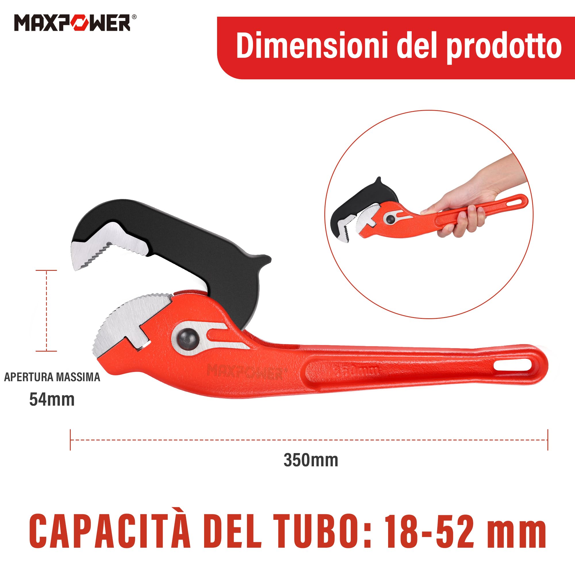 MaxPower Chiave per Tubi con RapidGrip CrV, Chiave Stillson da 350 mm, Giratubi con Apertura Massima 54 mm, Chiave per Tubo Uso con Una Sola Mano