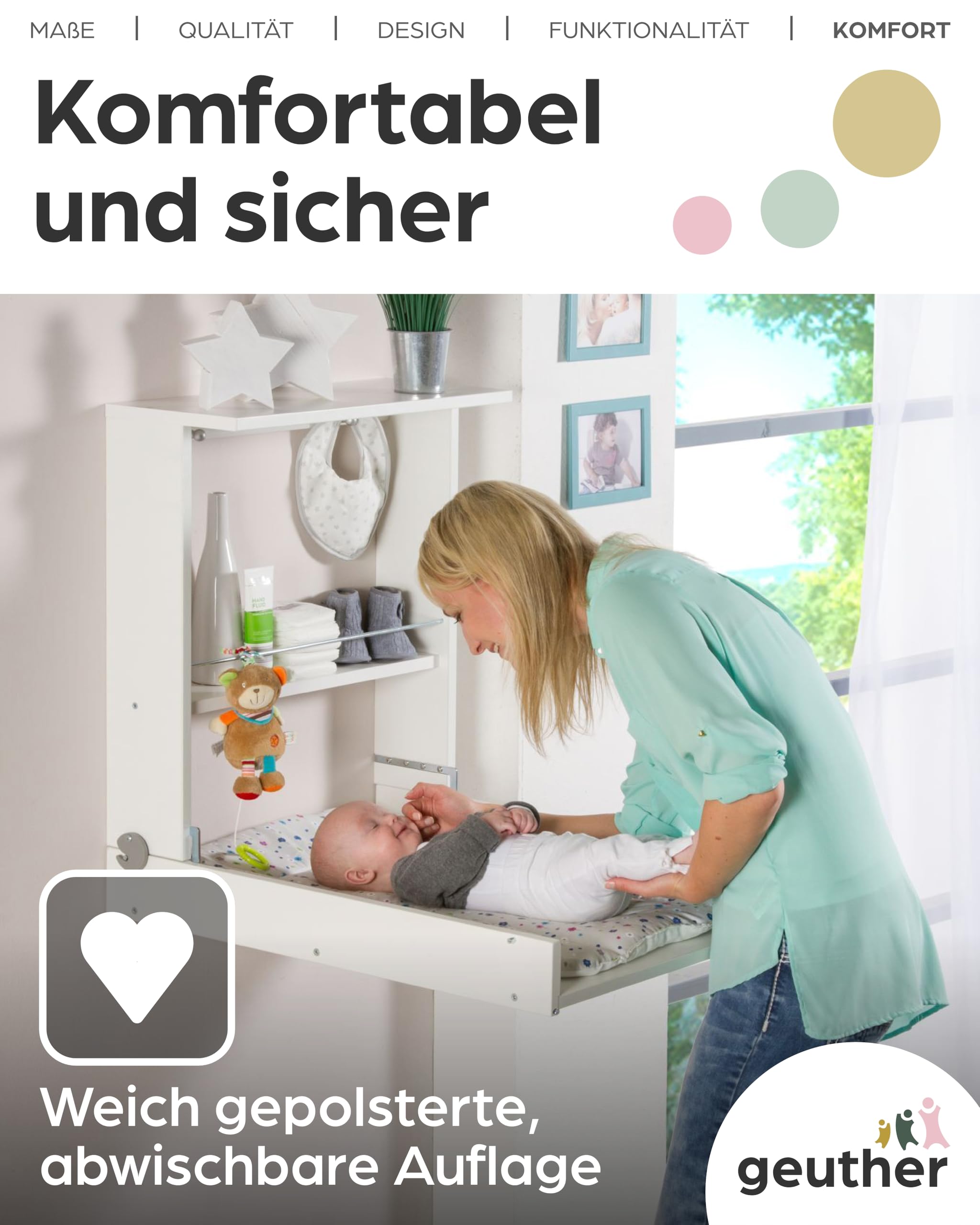 Geuther Wand Wickelregal Wicki I Wickeltisch klappbar inkl. Wickelauflage I Platzsparende Wickelkommode klappbar für Babyzimmer I Wandwickeltisch mit Regalfach I Wickelunterlage abwaschbar | Natur