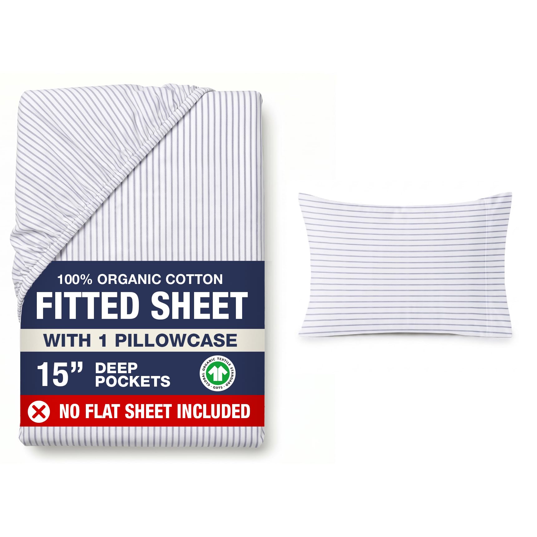LANE LINEN Small Double 4 Ft. Size Fitted Sheet – 100% Organic Cotton, 4ft with 2 Pillow Covers, 35cm Deep Pocket, All-Round Elastic Bottom Sheet - Ticking Stripe Blue