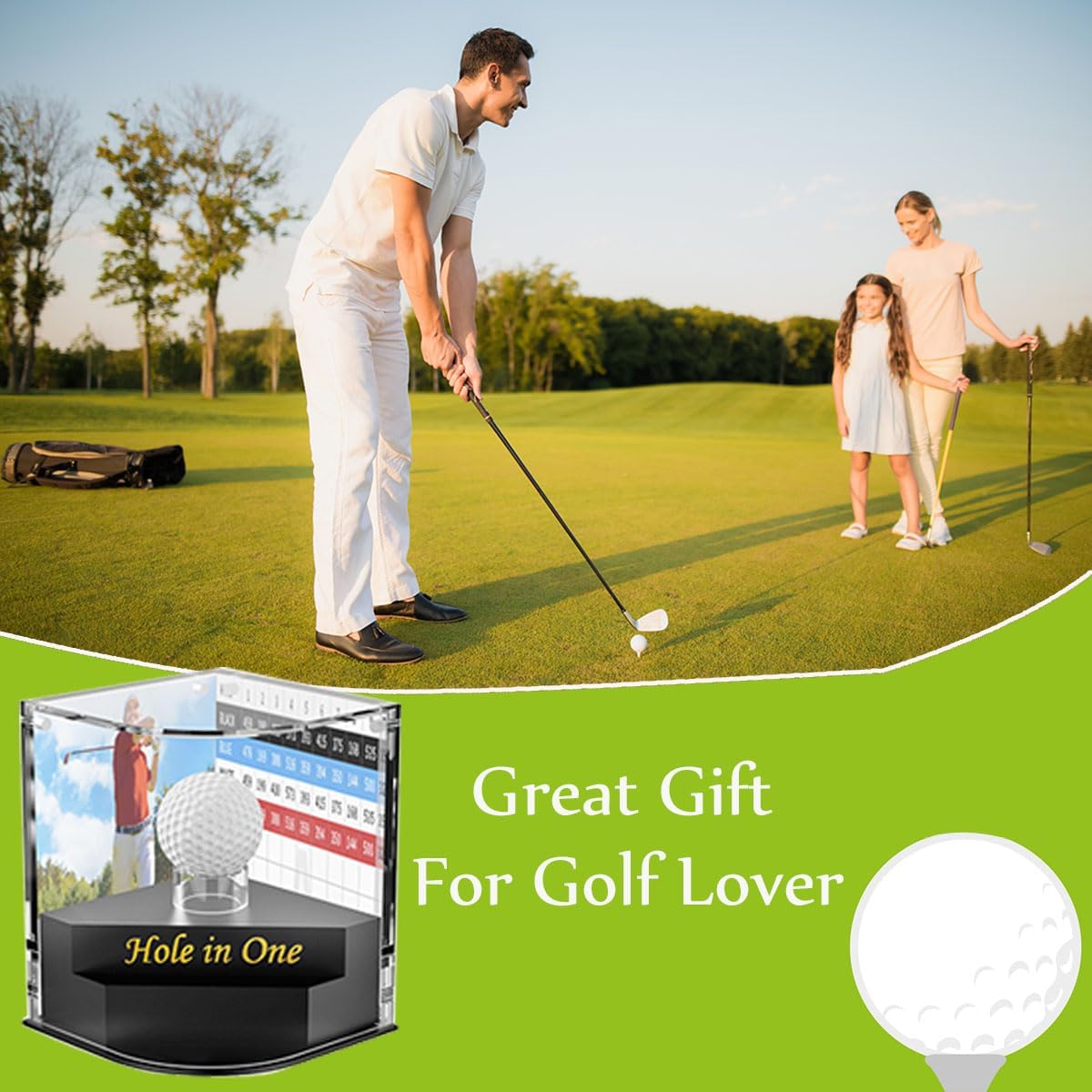 Acrylic Golf Ball Display Case - 2 Layer for Hole in One Holder with Scorecard/Picture Frame & Golf Pencil Holder Golden Felt - Tip Pen
