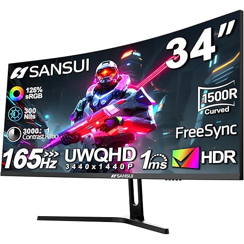 SANSUI 34-Inch Curved Gaming Monitor UWQHD 3440 x 1440 Up to 165Hz Curved 1500R - PIP/PBP, 1ms(MPRT), HDR, 300nits, sRGB 125%, DCI-P3 95%,FreeSync,HDMIx2,DP1.4 x2 (DP Cable Included)