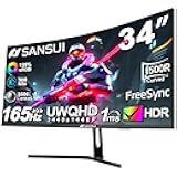 SANSUI 34-Inch Curved Gaming Monitor UWQHD 3440 x 1440 165Hz Curved 1500R - PIP/PBP, 1ms(MPRT), HDR, 300nits, sRGB 125%, DCI-P3 95%,FreeSync,HDMI x2,DP1.4 x2 (ES-G34C5 DP Cable Included)