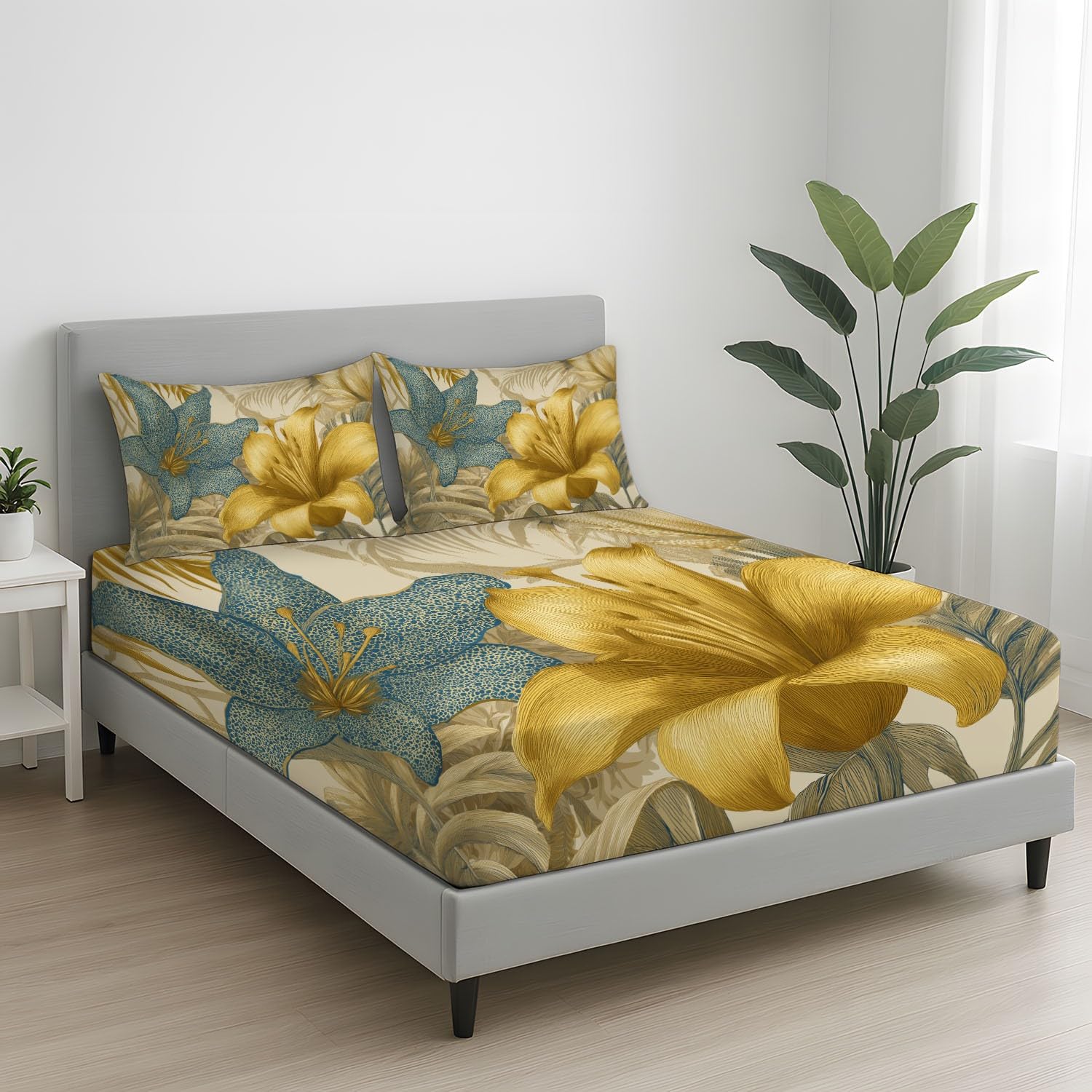 Sabana Bajera 180 x 200 cm 3 Piezas + 2 Fundas 50 x 75 cm, Se Adapta a Colchones de hasta 30 cm, Microfibra Suave, Transpirable, Antiarrugas, Beige, Vintage Elegante Floral
