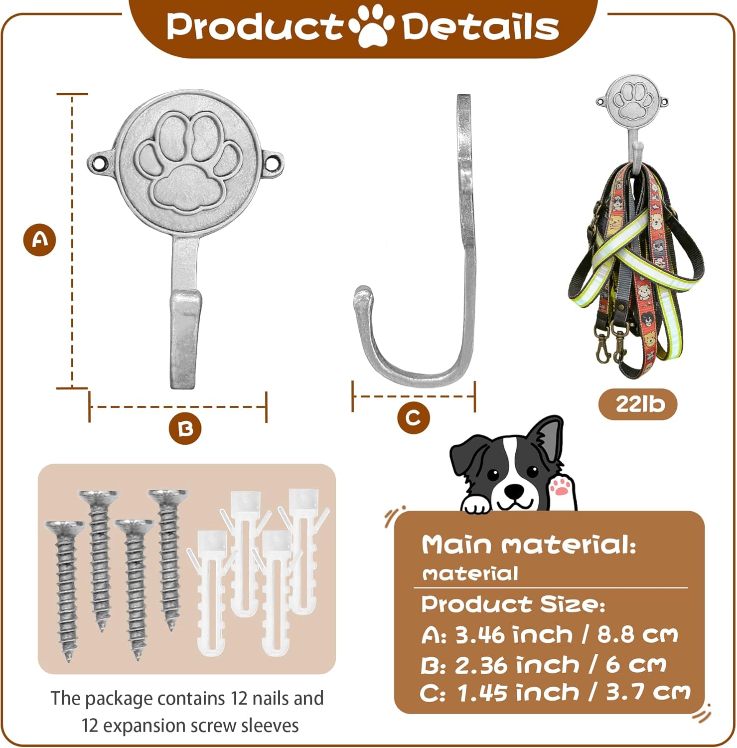 6PC Dog Paw Hooks Wall Mount Pet Leash Hook Cat Leash Holder for Wall Cute Coat Hooks Key Holder for Entryway Hallway Kitchen Office, Great Gift for Dog and Cat Lovers(Antique Silver)