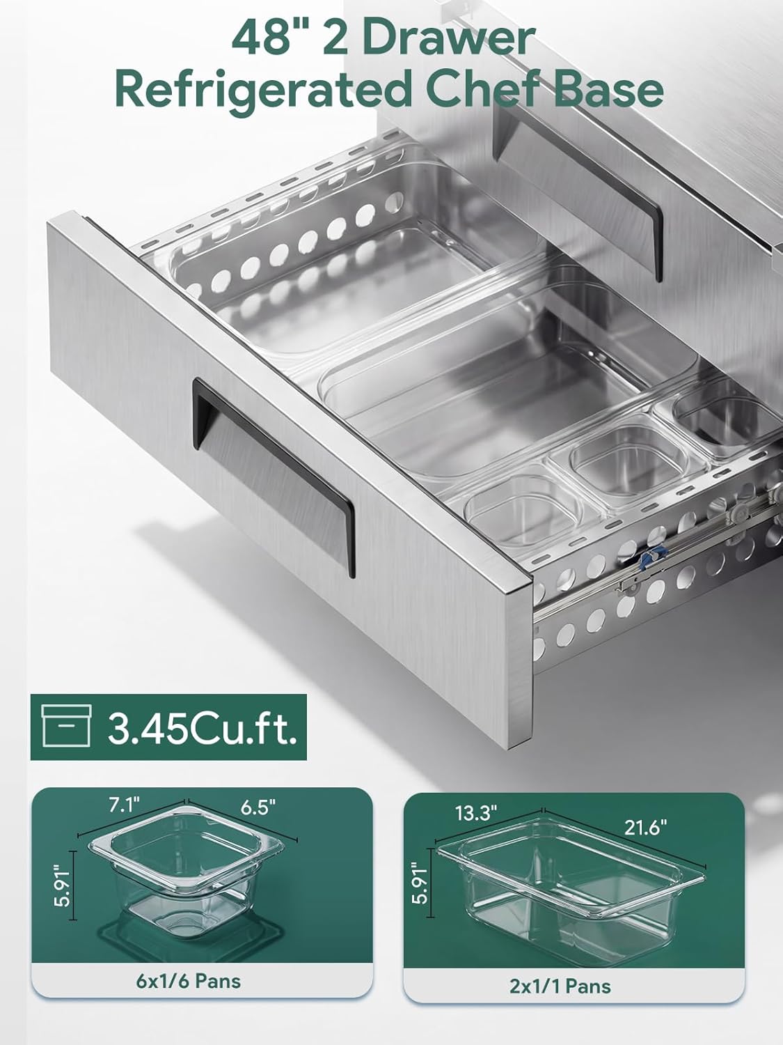 Coolski 48”W Chef Base Refrigerator, 2 Drawers Refrigerated Commercial Refrigerator with 10 Pans, 33-41℉ Stainless Steel Refrigerator for Restaurant, Bar, Garage