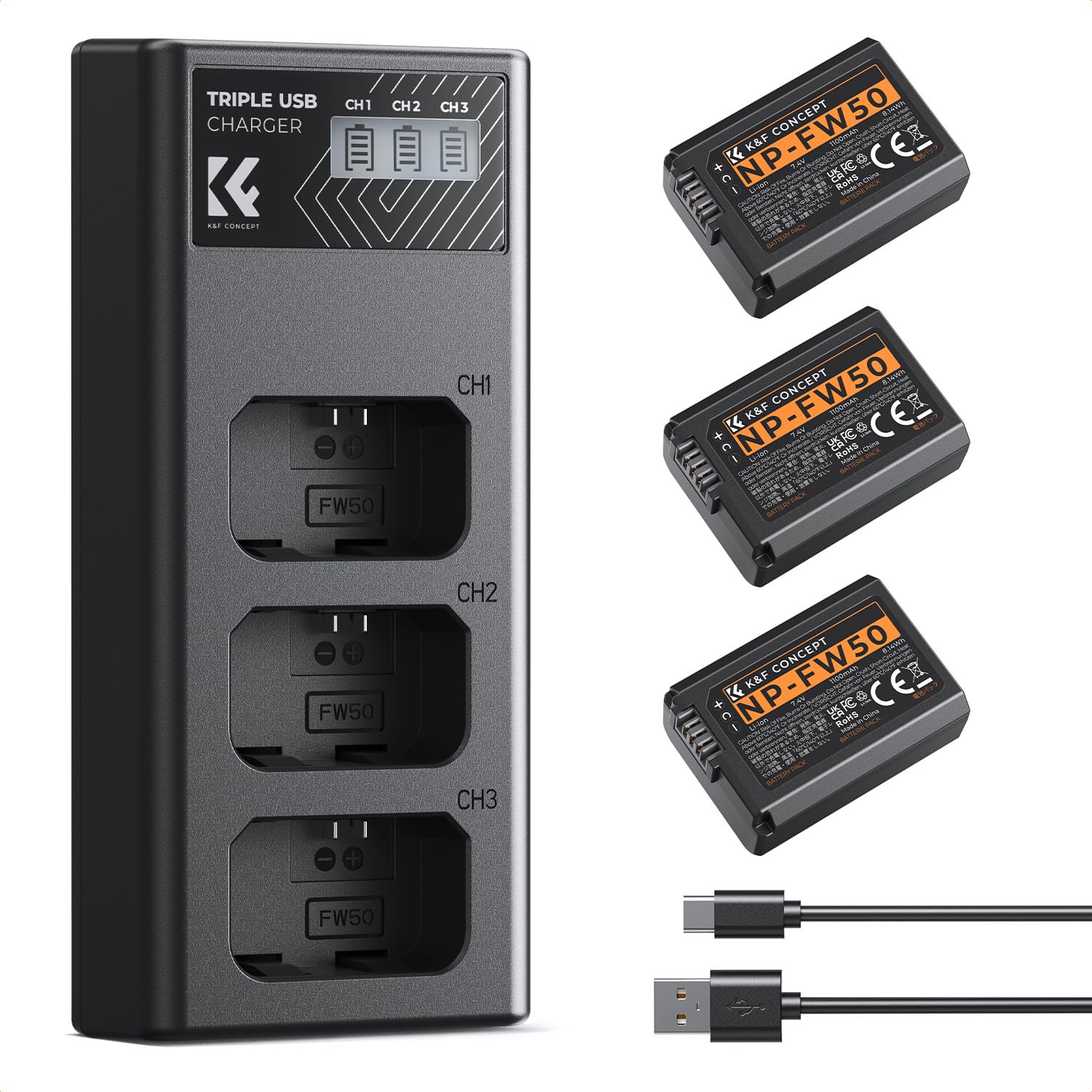 K&F CONCEPT NP-FW50 1100mAh Akku (3er-Pack) und DREI-Slot LCD Ladegerät Kit für Sony ZV-E10, Alpha A6000, A6300, A6400, A6500, A5000, A5100, a7, a7II, a7R, a7RII, a7S, a7SII