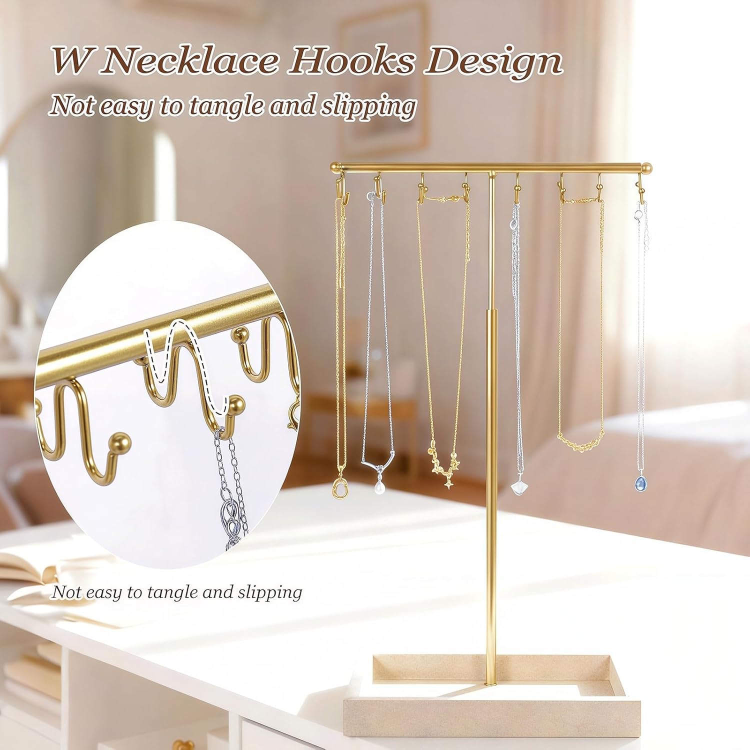 3 Tier Jewelry Organizer Stand with Ring Tray - Adjustable Tall 17.7" (Max), Jewelry Holder for Necklace, Bracelet, Earring, Ring Storage, Jewelry Display Storage Stand for Women