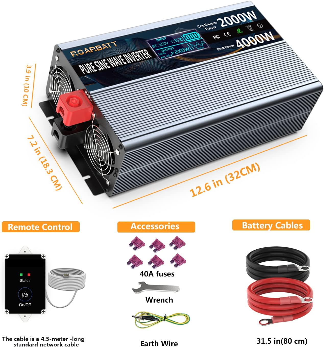 Flаѕh Sаlе ROARBATT Pure Sine Wave Power Inverters 2000Watt 12V DC to 110V/120V with Remote Control 4 AC Outlets and Dual USB Ports for CPAP RV Car Solar System Emergency