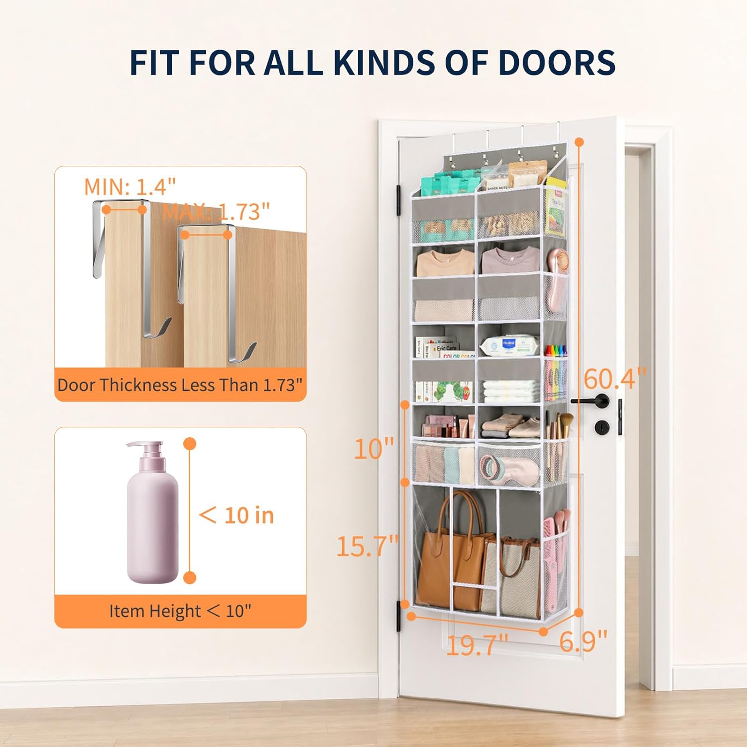 Yecaye Over the Door Organizer 5-Shelf, Behind the Door Storage 80lbs Capacity with Extra Large Pocket, Back of Door Organizer and Storage for Baby Nursery Bedroom Dorm Bathroom RV, Grey