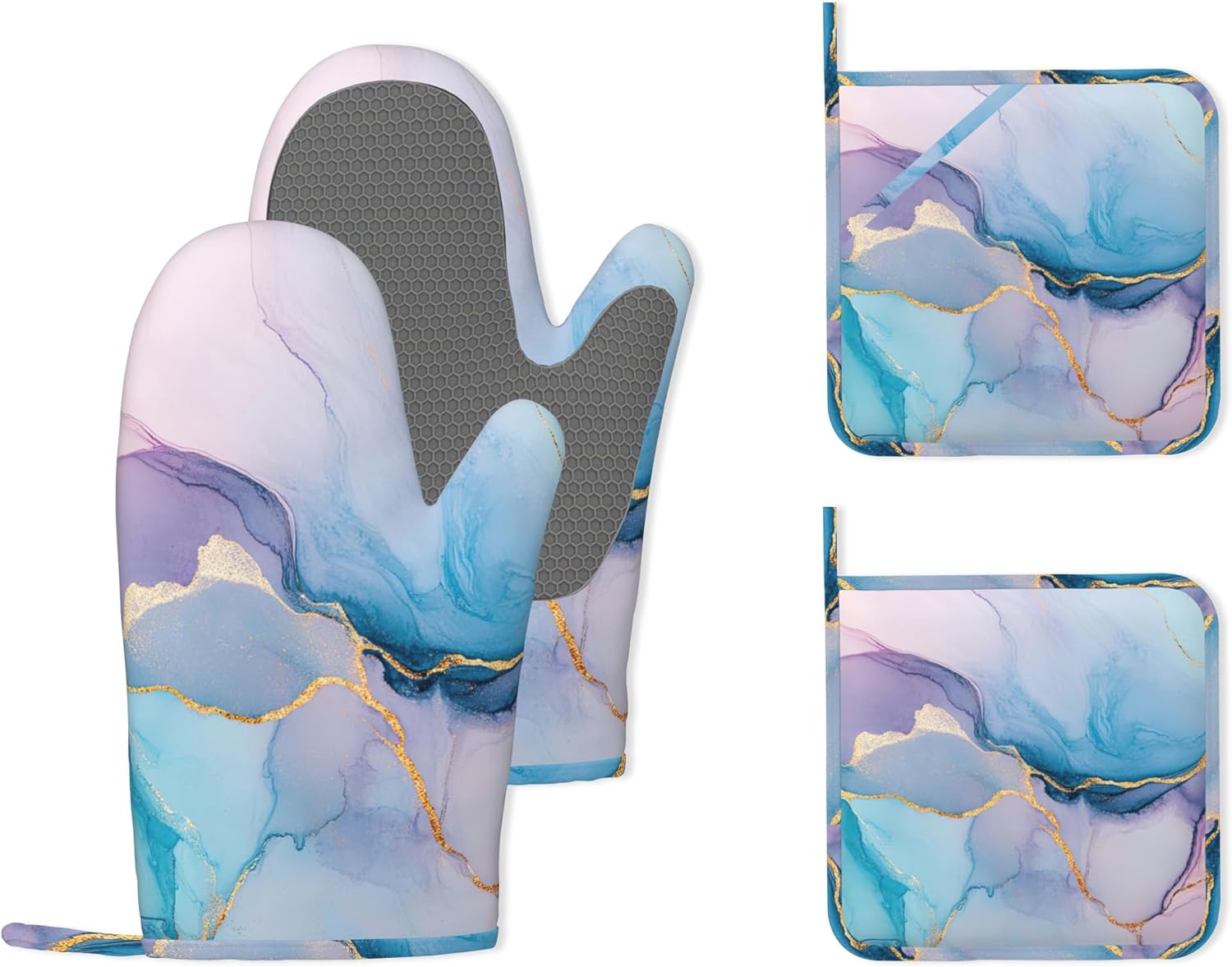 Chicken Rooster Farm Flower Heat-Resistant Silicone Oven Mitts and Pot Holder 4 Piece Set,Non-Slip Kitchen Oven Gloves for Baking, BBQ, Cooking,Grilling