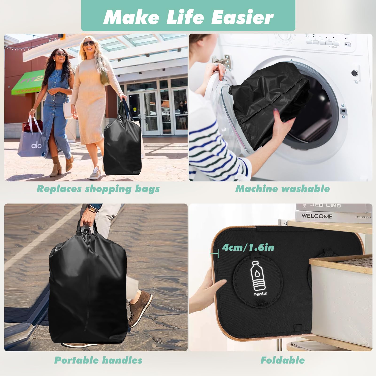 141L Collecteur de Bouteilles avec Couvercle, Poubelle Recyclage Perforé avec 2 Compartiments et 2 Sacs de Transport, Pliable, pour Trier Bouteilles Vides, Verre, Noir